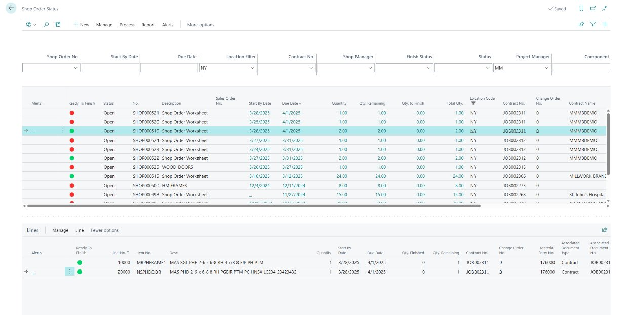 Screenshot of a “Shop Order Status” dashboard showing open production orders filtered by location (NY) and status (MM). The interface includes columns for order number, description, due dates, quantities, location codes, and contract names, with red and green indicators for alerts and readiness to finish. A section at the bottom lists line items with part numbers, start dates, and material details.