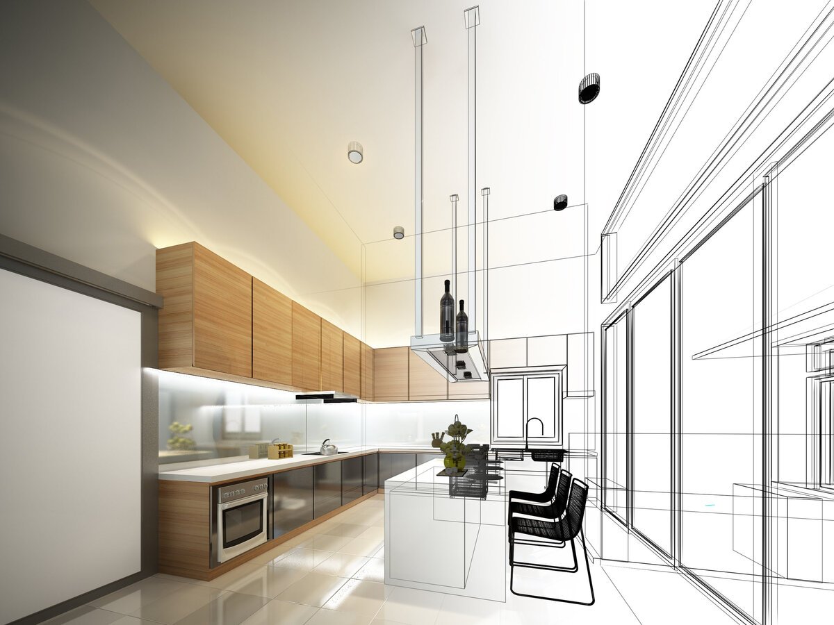 A drawing depicting a contemporary kitchen