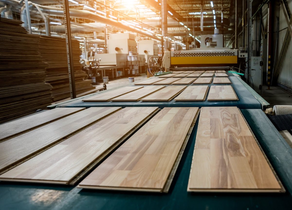 Wooden flooring in a factory setting.