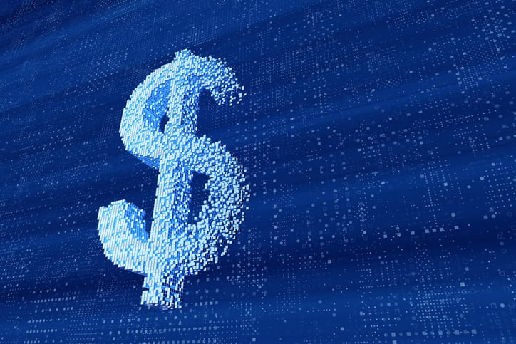 Pixelated Dollar sign on digital blue background