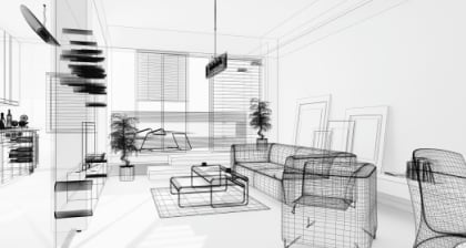 A sketch of a furnished living room with a sofa, coffee table, and bookshelf.