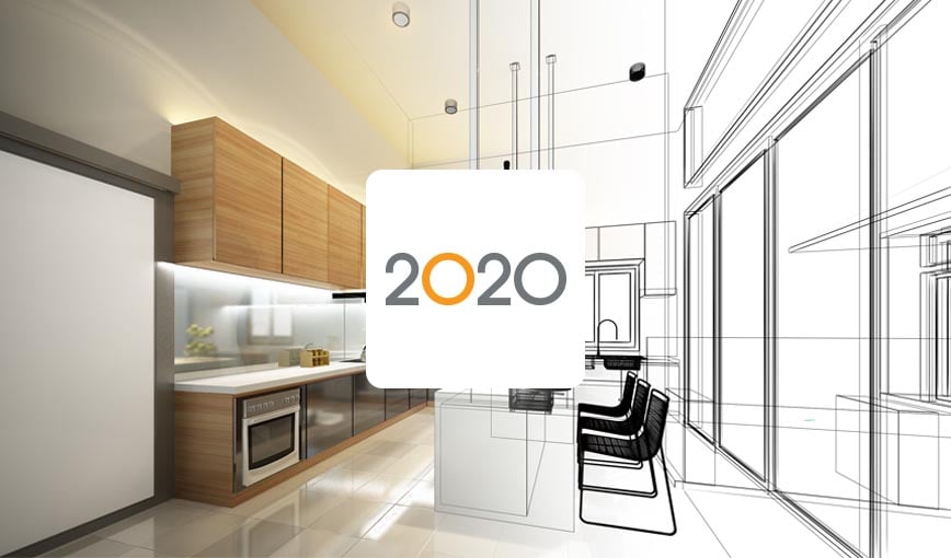 Modern kitchen featuring 2020 logo.