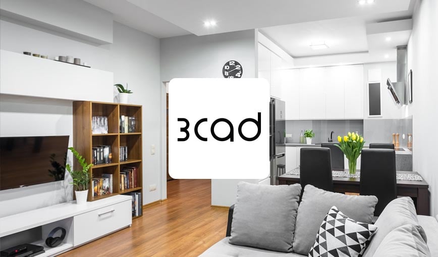 A cozy living room with a couch, coffee table, and TV and 3CAD logo.