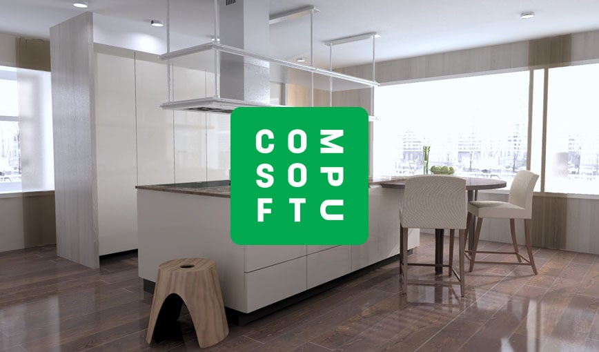 A kitchen with a Compusoft logo.