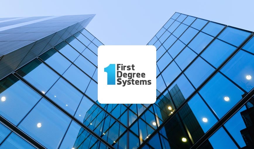 First Degree Systems logo displayed on the exterior of a modern building.