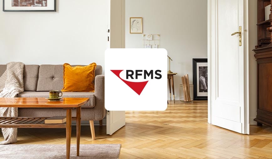 A living room with an RFMS logo.