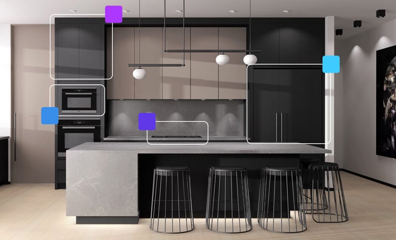 A modern kitchen with cabinets and stools