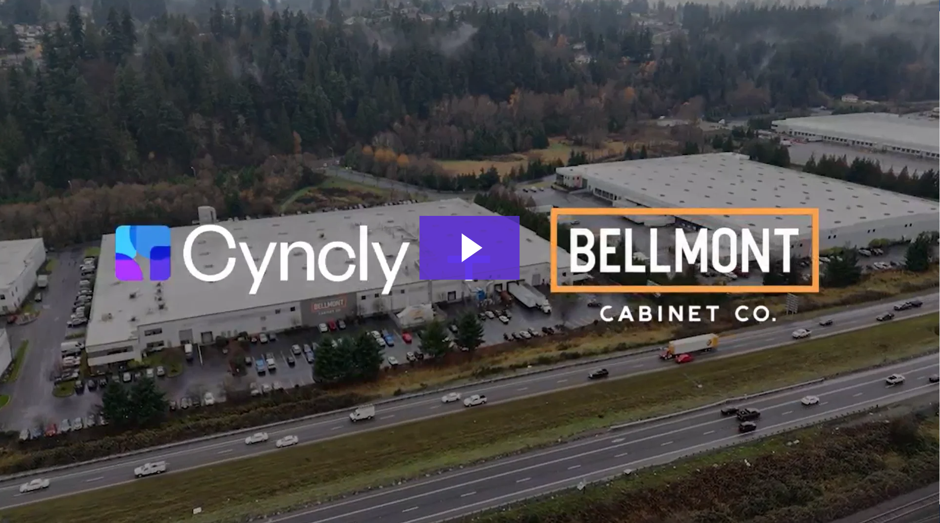 An aerial view of Bellmont Cabinet Company's facility in Sumner, Washington, with the Cyncly and Bellmont Cabinet Co. logos overlaid, showcasing the partnership.