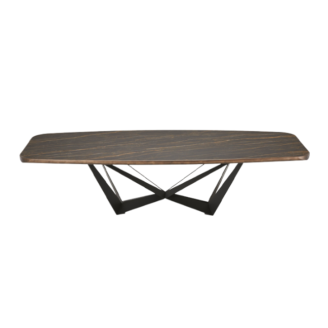 A rectangular dining table made of wood with a black base.