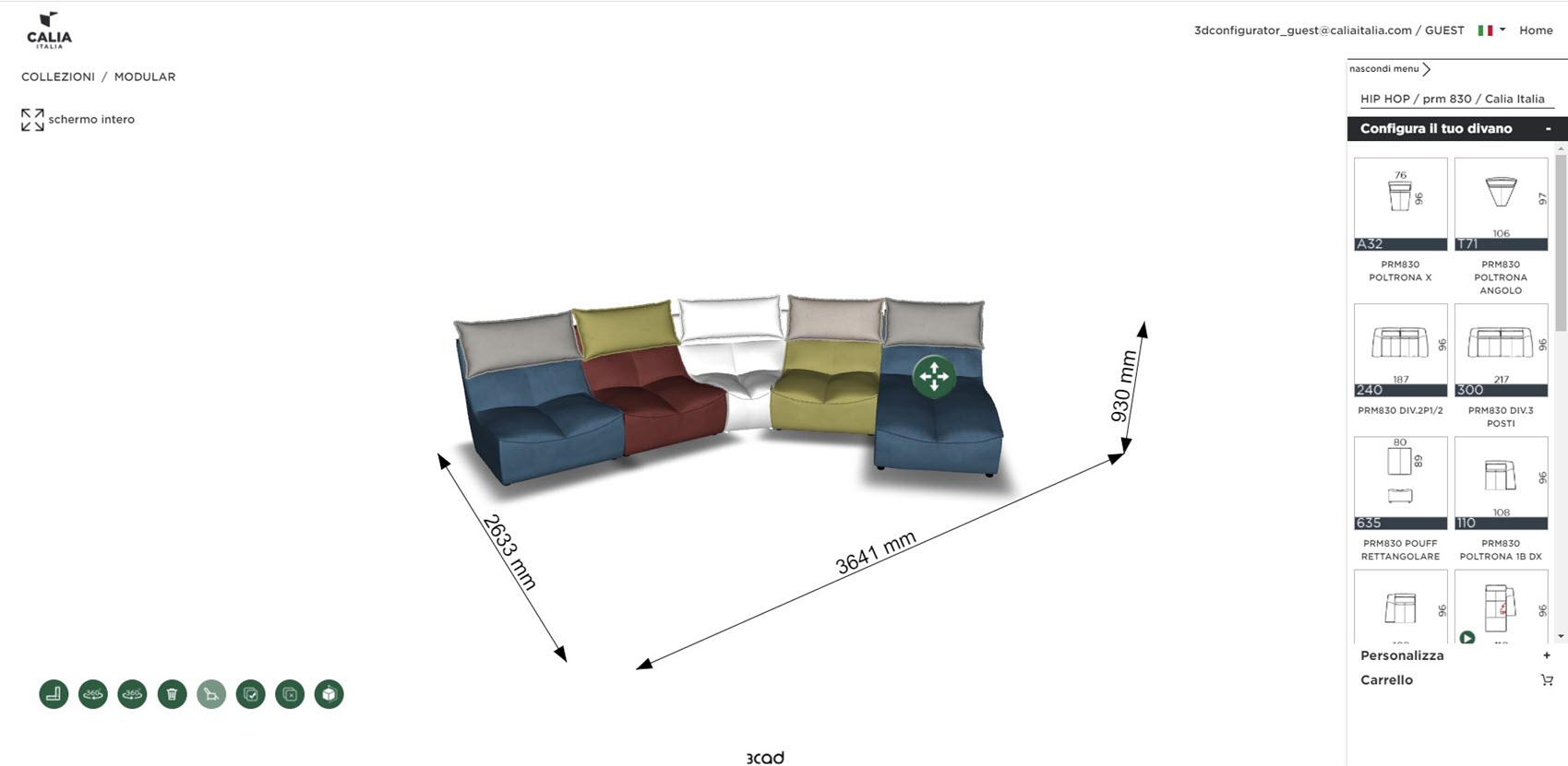 A 3D configurator interface for a modular sofa, displaying dimensions and customizable parts.