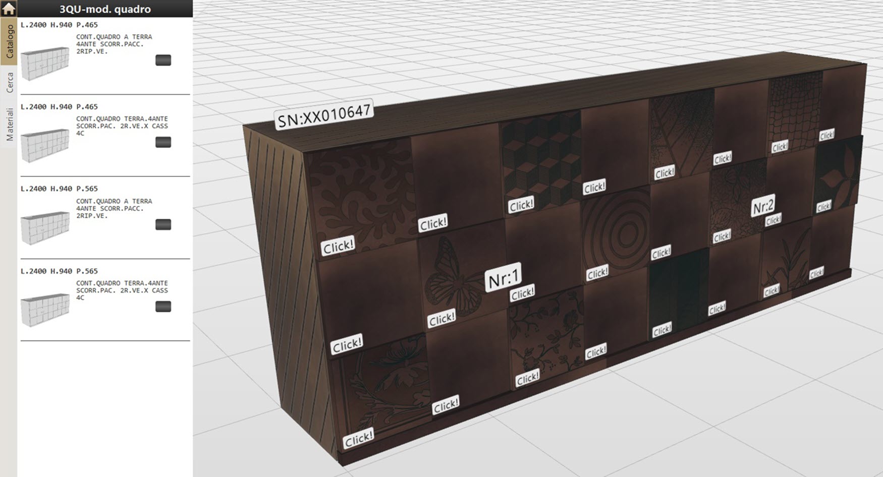 A digital design interface showing a detailed 3D model of a storage unit.