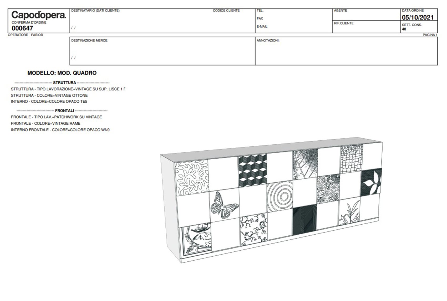 A technical drawing of a storage unit from Capo d'Opera, featuring detailed specifications and design elements in black and white.