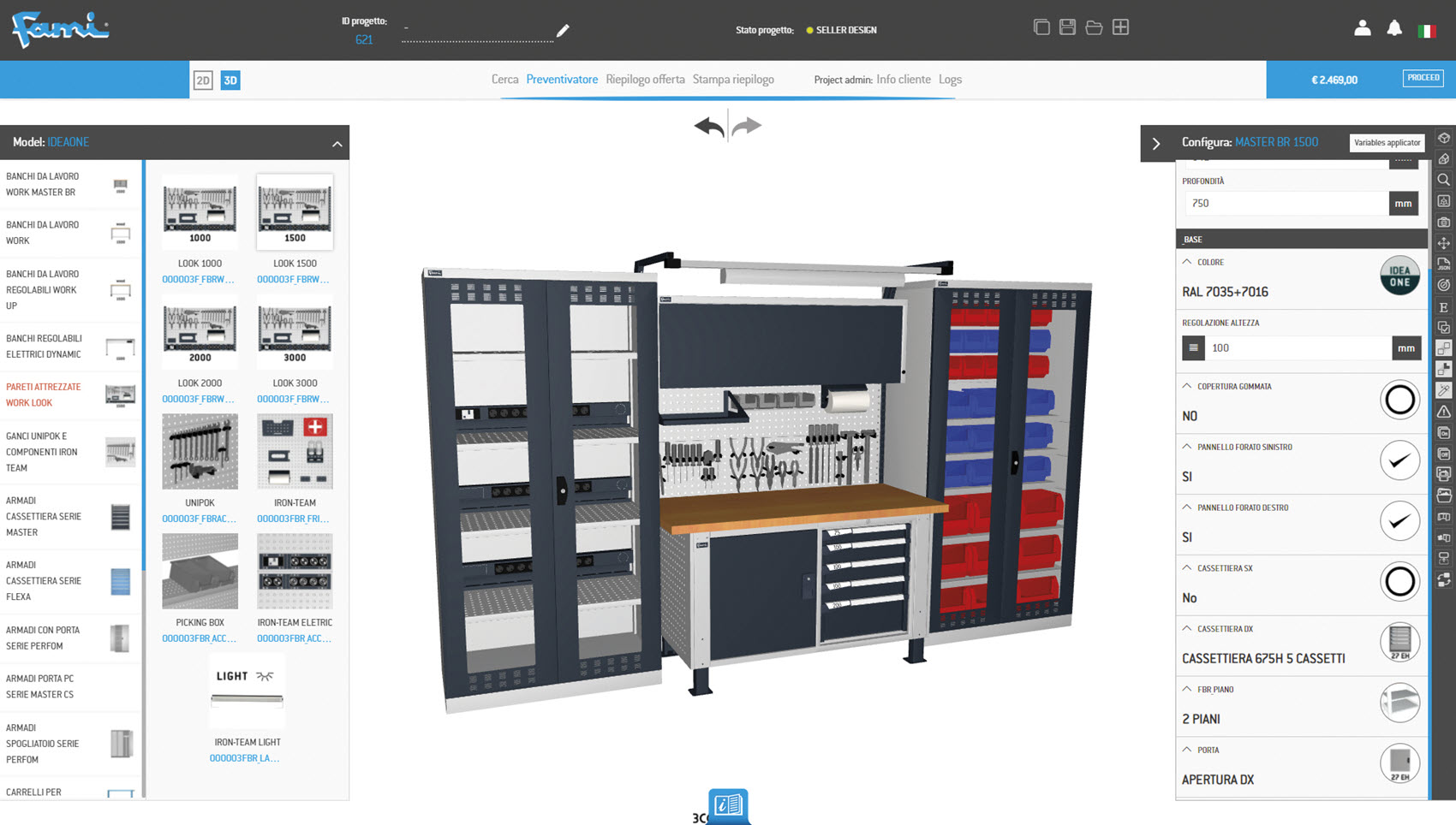 A 3D configurator interface for a workbench setup, showing various customizable components and storage options.