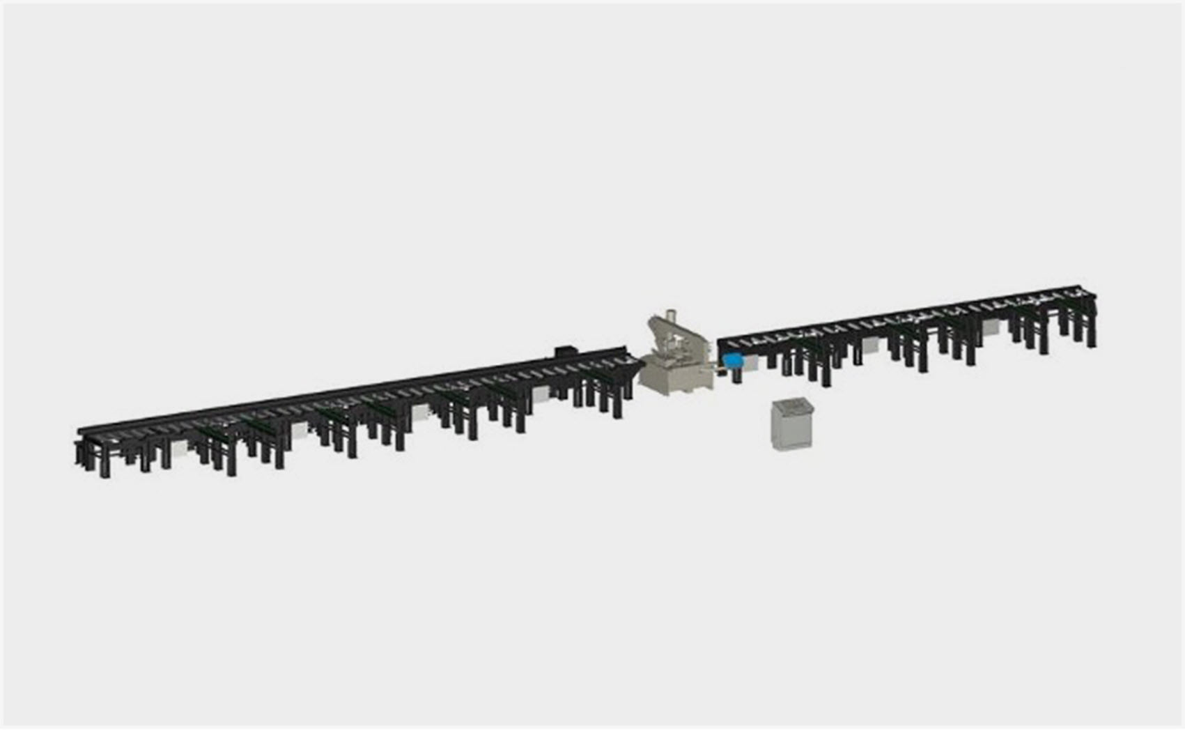 A digital 3D model of a long conveyor system with multiple components, designed for industrial use.