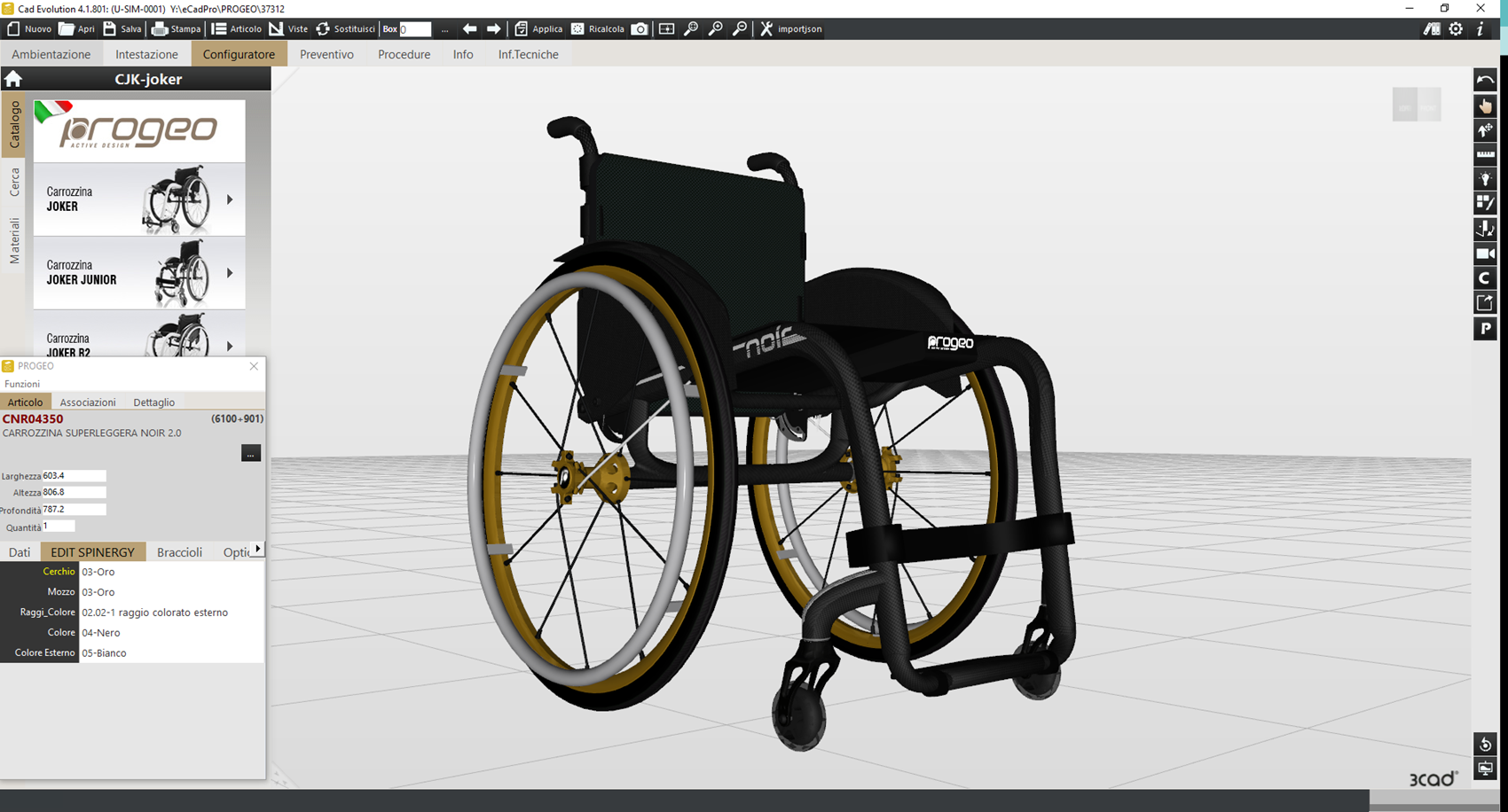 The Progeo software interface featuring a 3D wheelchair configurator.