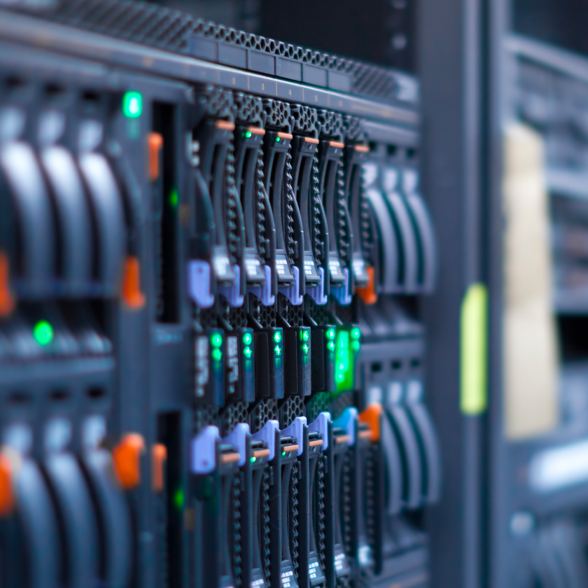 A close-up of a server rack displaying various types of servers.