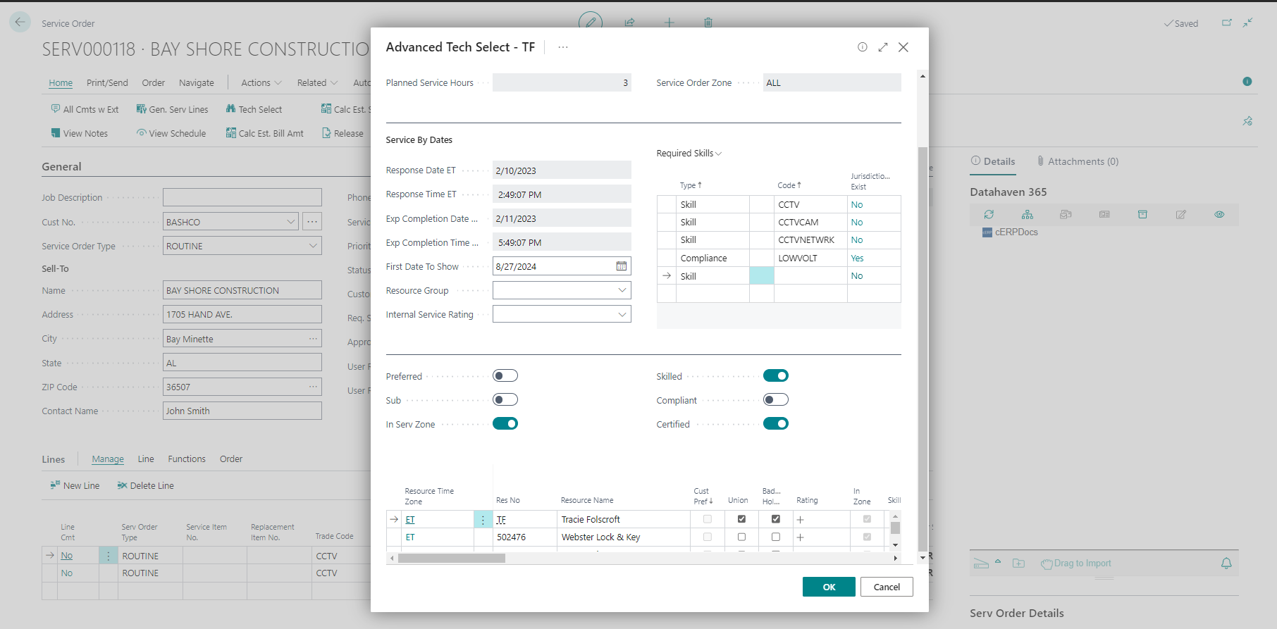 Screenshot of the Field Service Management module in ContractERP, highlighting the advanced technician selection screen with planned service hours, response times, and required skills for service orders.