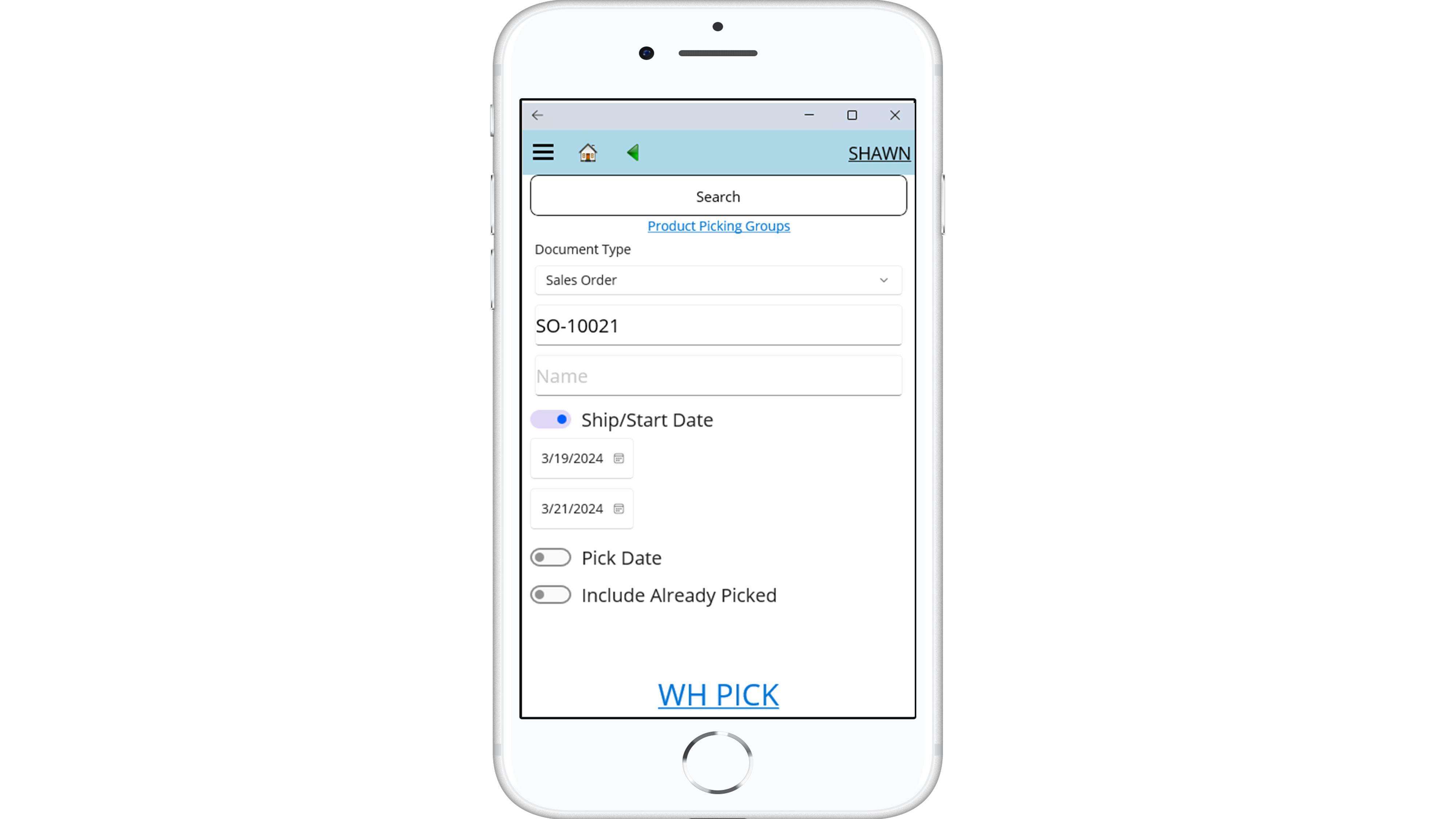 Screenshot of the ContractERP Warehouse Management module focused on order picking. The screen shows a form with fields for document type, sales order number, ship/start date, pick date, and options to include already picked items.