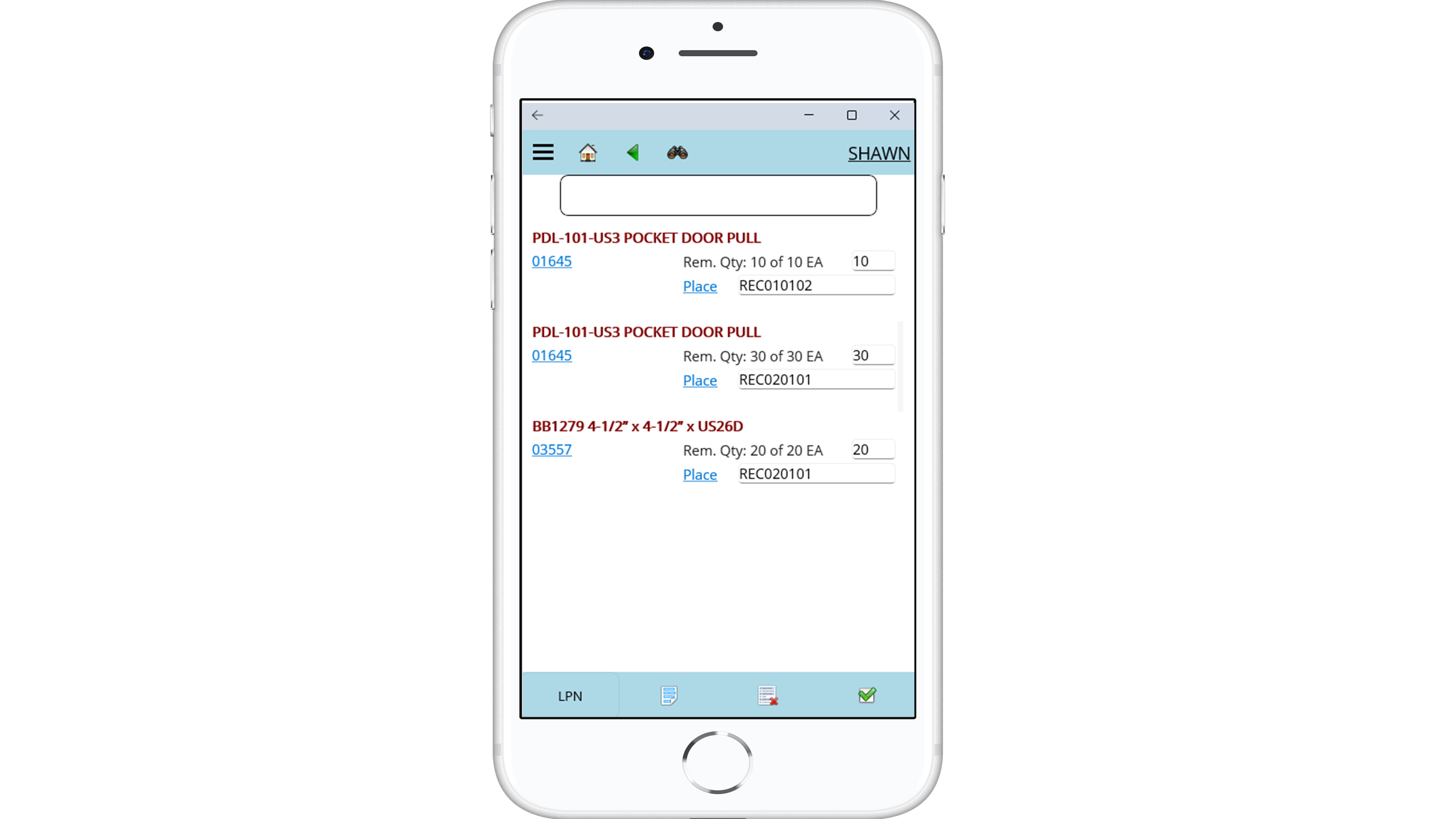 Screenshot of the ContractERP Warehouse Management module showing item placement details. The screen lists products with their remaining quantities, part numbers, and storage locations, along with options to place items in the designated locations.