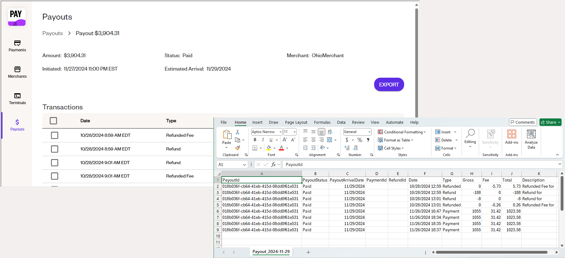 Screenshot of the Payouts screen in Cyncly Payments, detailing a payout of $3,904.31. The screen includes transaction details such as refund and payment history, alongside an export option to download data into an Excel spreadsheet.