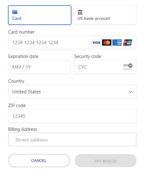 Screenshot of a payment entry form in Cyncly Payments, showing fields for card number, expiration date, security code, and billing address. Tabs at the top allow switching between card and US bank account payment methods.