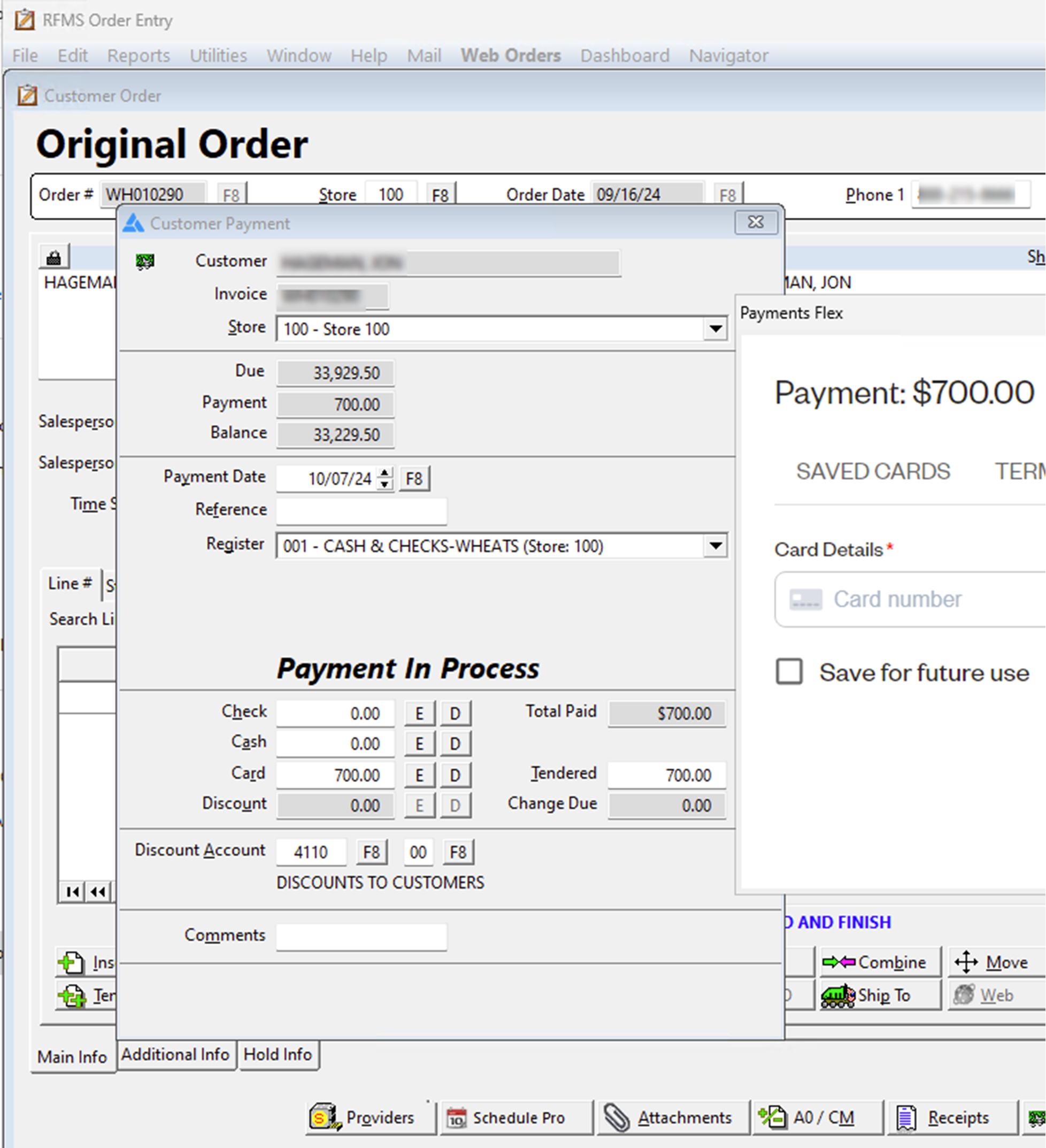 Shows the "Original Order" screen with payment details, including balance, payment amount, and card entry fields for customer payments via card, terminal, or saved payment options.