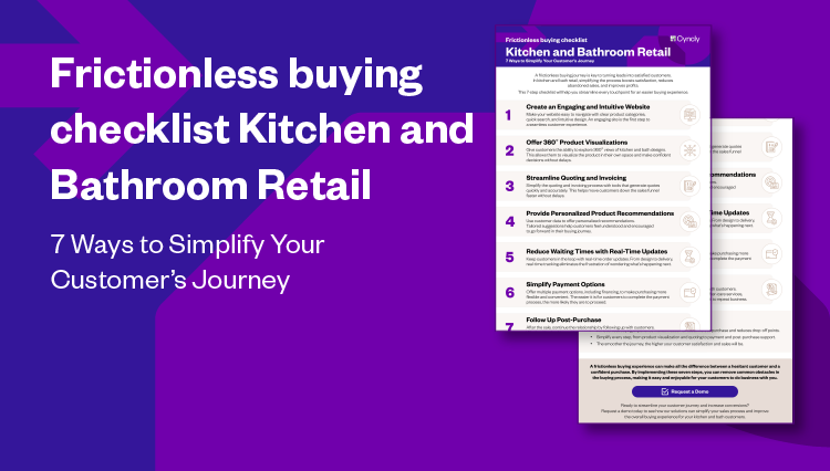 Thumbnail promoting checklist for K&B businesses. Text says Frictionless buying checklist - Kitchen and Bathroom Retail. 7 ways to simplify your customers' journey