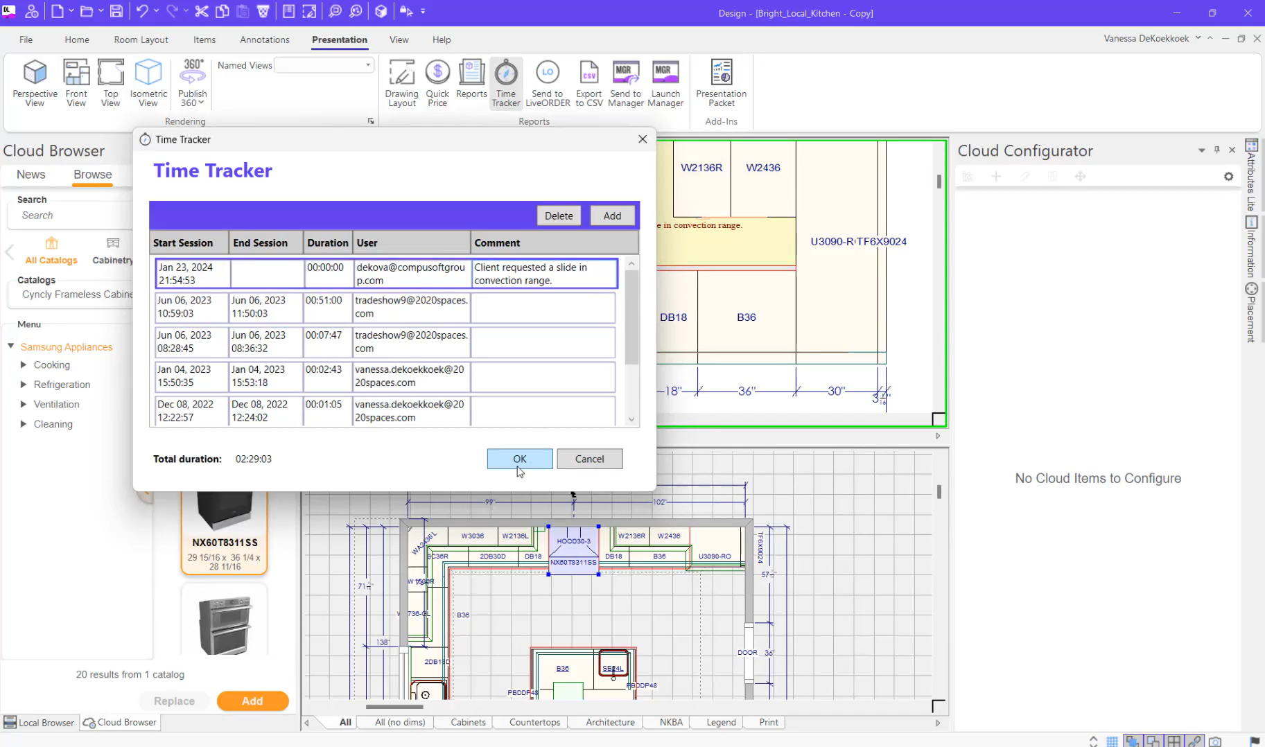 Time tracking interface for Business Activity Monitoring in Design Live, listing user sessions, durations, and comments for project management purposes.