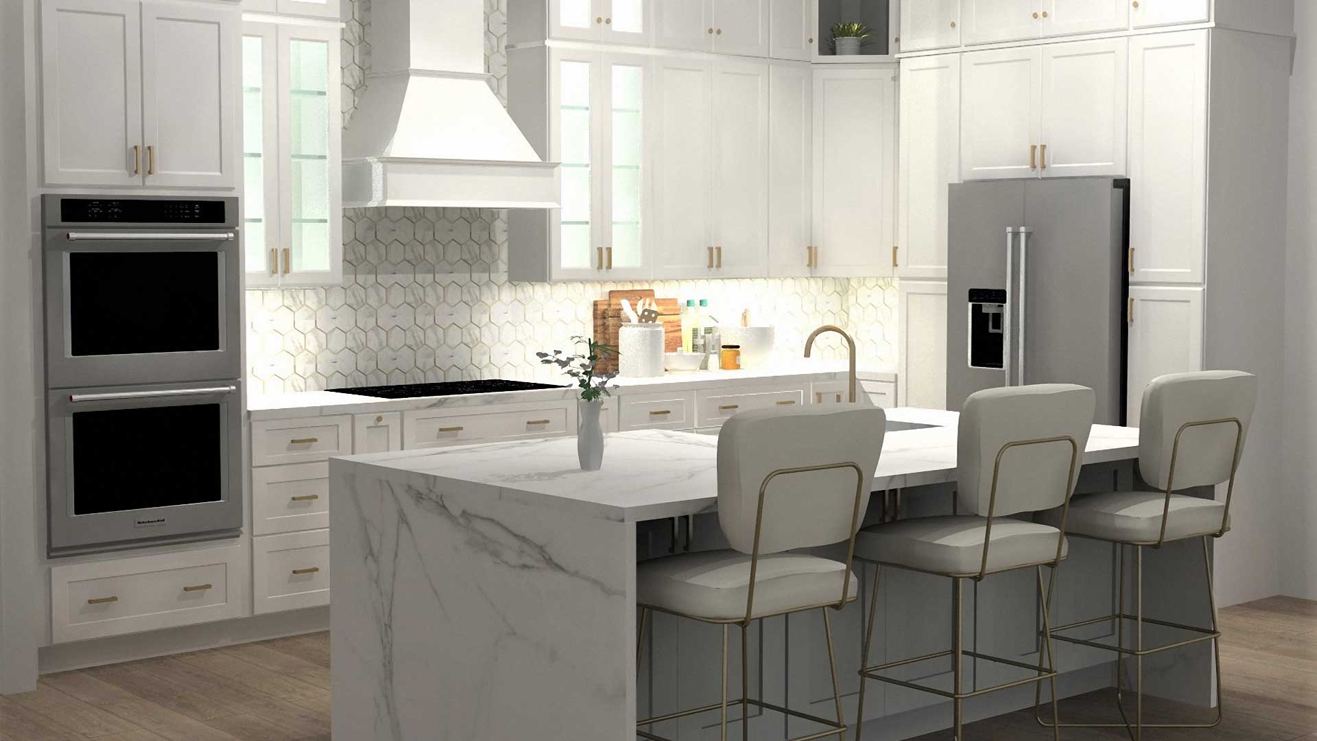 A luxurious kitchen design featuring white cabinetry with gold accents, a marble waterfall island with four high-backed chairs, and a hexagonal tile backsplash with under-cabinet lighting. Appliances include a double oven and a stainless steel refrigerator.