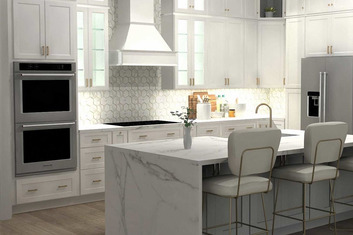 A luxurious kitchen design featuring white cabinetry with gold accents, a marble waterfall island with four high-backed chairs, and a hexagonal tile backsplash with under-cabinet lighting. Appliances include a double oven and a stainless steel refrigerator.