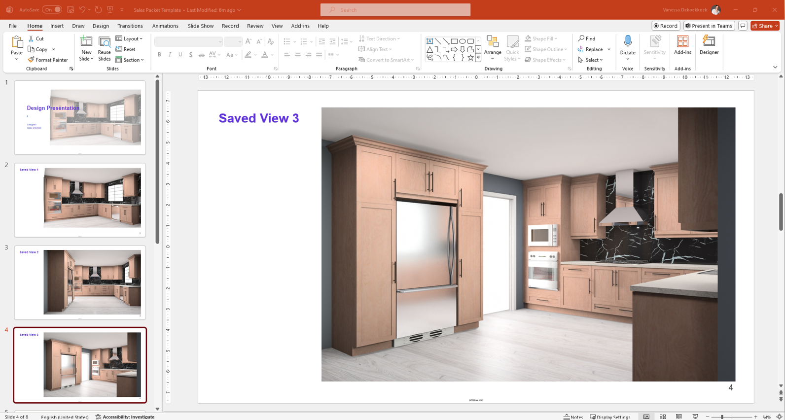 PowerPoint slide from a design presentation showcasing saved views of a kitchen design with wooden cabinets, stainless steel appliances, and black backsplash.