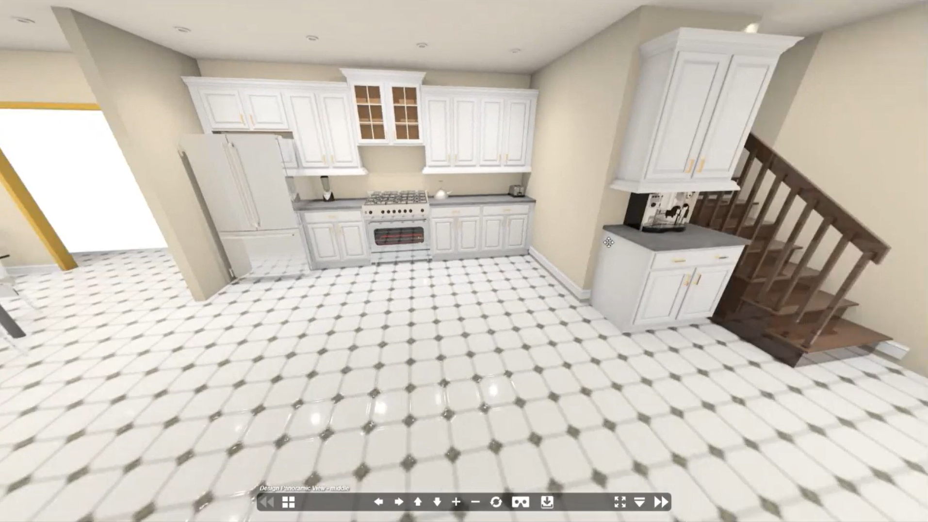 Project visualization screen from Design Live displaying a detailed floor plan layout of a kitchen, including cabinet placements and appliance locations.