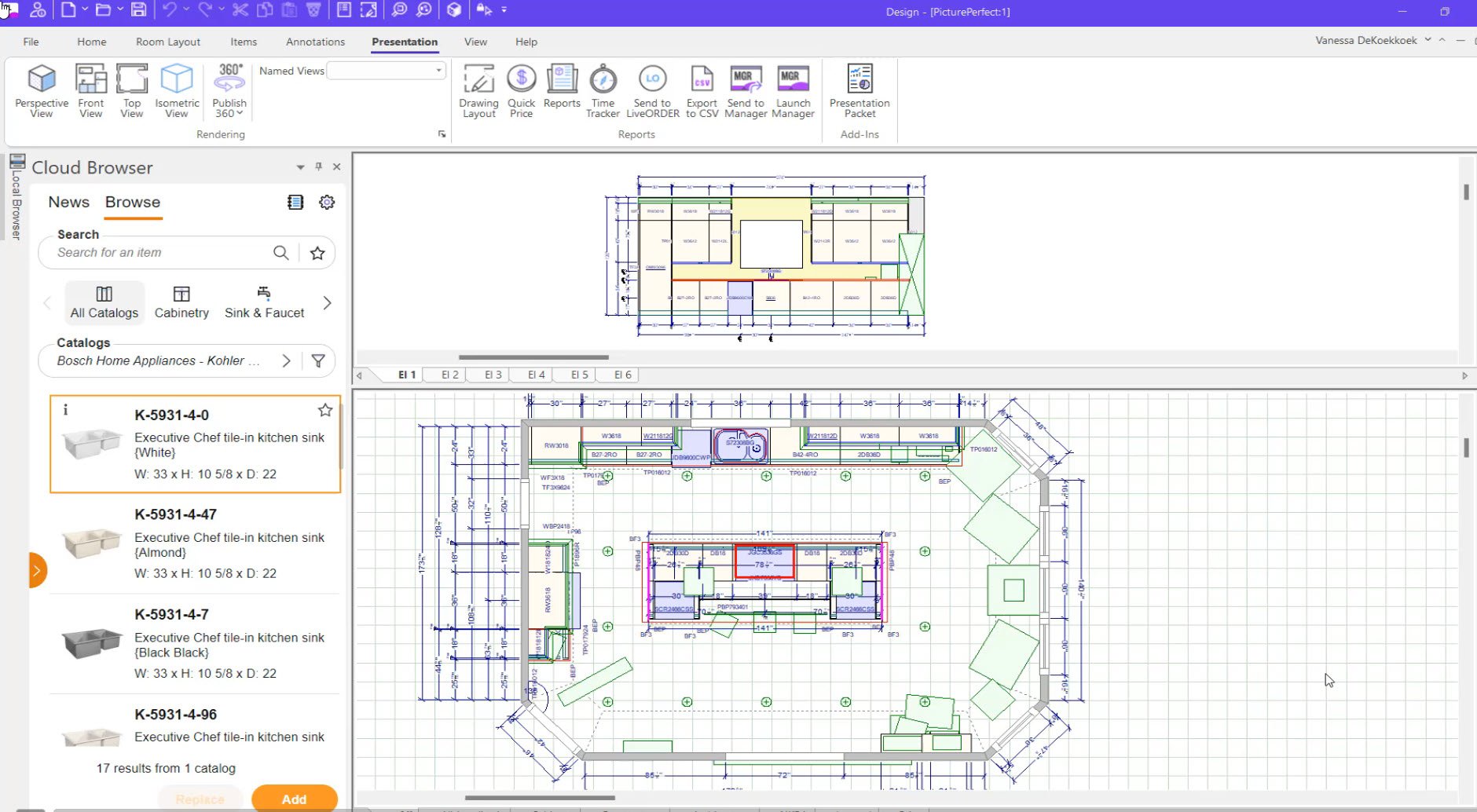 Screenshot from Design Live software showing a kitchen layout in a technical documentation view with top-down floor plan and elevations. The Cloud Browser panel on the left displays cabinetry and sink options from various catalogs, allowing users to select and add items to the design.