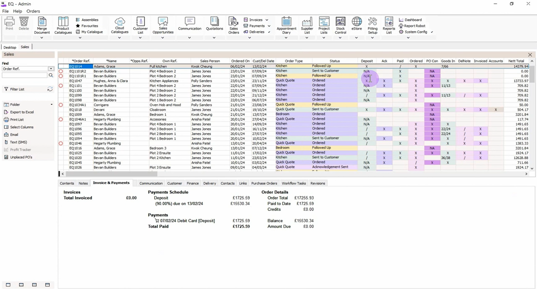 Screenshot of EQ Flex's invoicing and payments module, showing a list of orders with columns for deposits, amounts paid, and payment schedules to facilitate financial management.