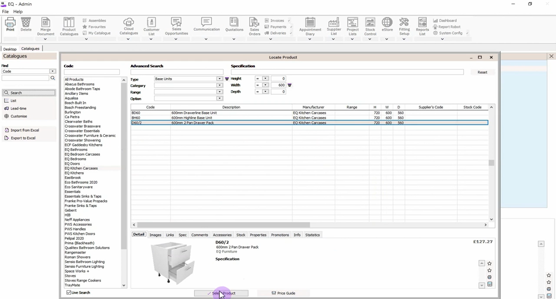 Screenshot of EQ Flex's product catalogue management screen, displaying an advanced product search with filters and product details for inventory and catalogue organization.