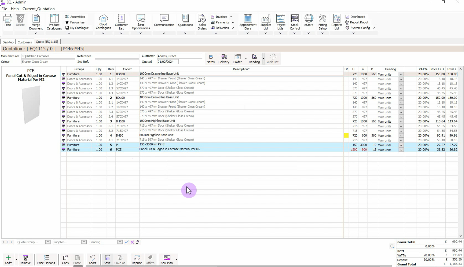 Screenshot of EQ Flex's quotation management screen, showing a detailed list of quoted items, including item codes, descriptions, dimensions, quantities, VAT, unit prices, and totals. This view facilitates accurate quoting and tracking of material specifications for kitchen and bathroom retail orders.