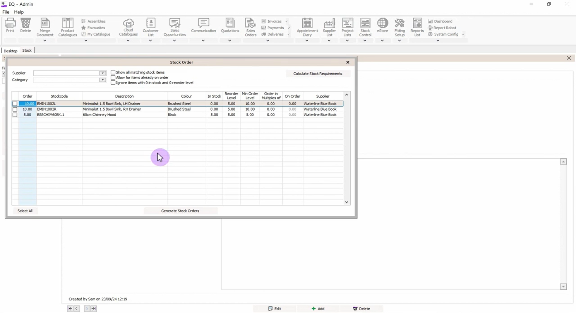 Screenshot of EQ Flex's stock and warehouse management screen, displaying stock levels, reorder levels, minimum order quantities, and supplier information for efficient inventory management.