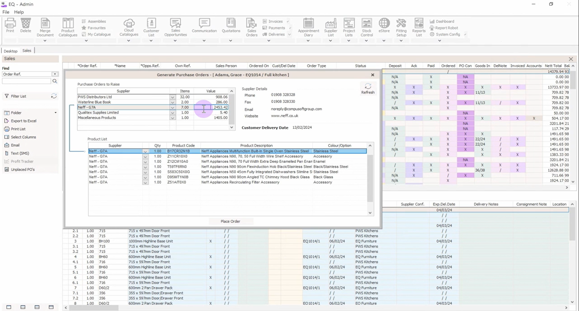 Screenshot of EQ Flex's supplier order management screen, showing a list of suppliers, item quantities, and product codes for generating purchase orders. Additional details include supplier contact information, customer delivery date, and a breakdown of product descriptions, facilitating streamlined procurement and supplier coordination.