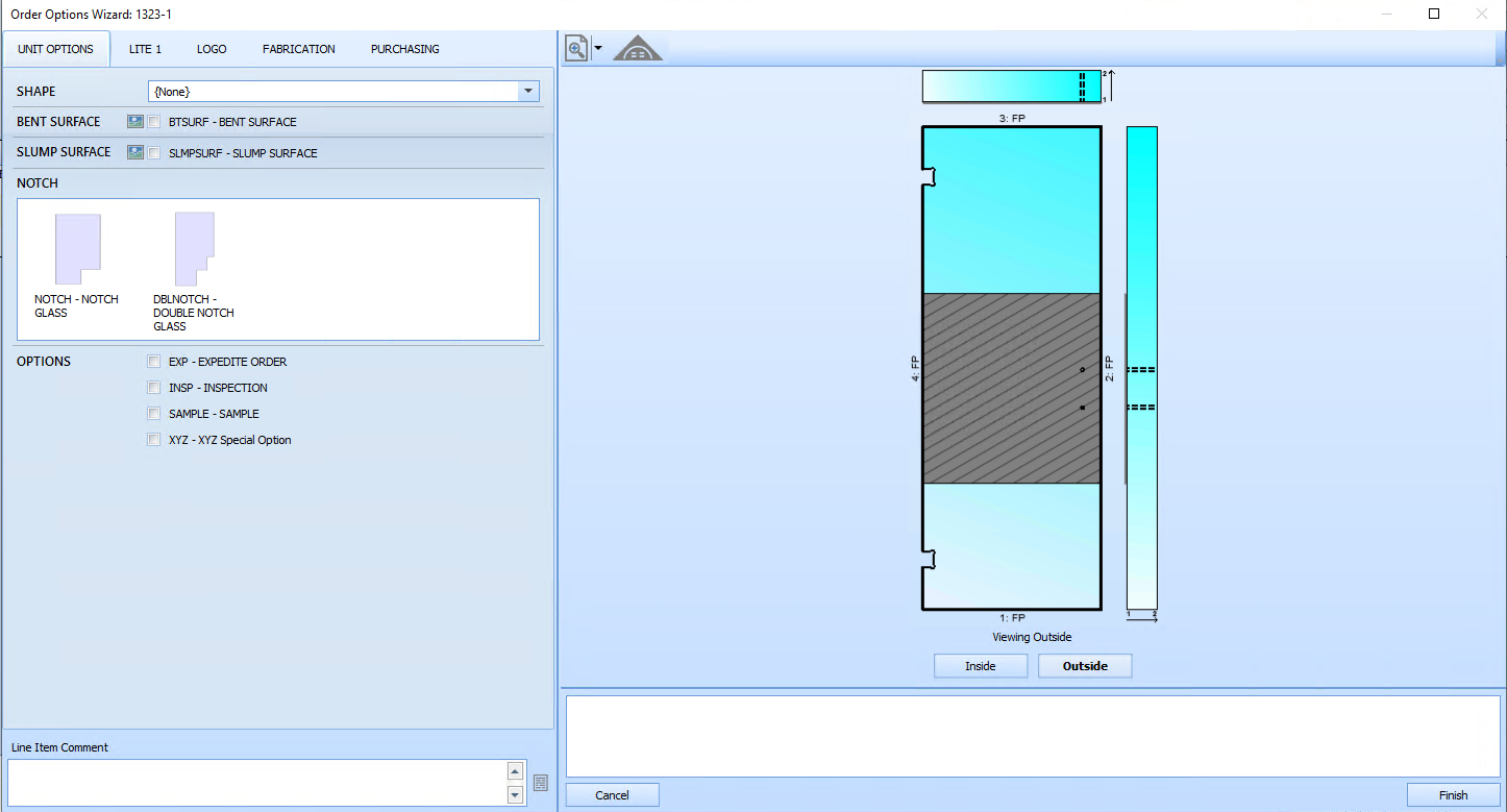 Screenshot of the Order Options Wizard in FeneVision, displaying a 2D CAD layout of a door and panel system with various customization options for dimensions, surfaces, and notch types on the left side.