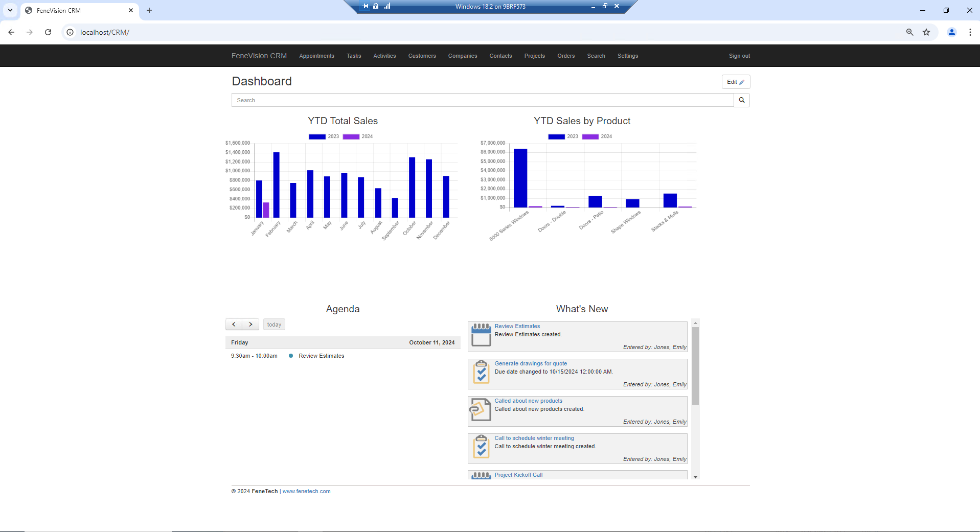 FeneVision CRM dashboard displaying year-to-date total sales and sales by product, along with a task agenda and recent updates on quotes, product calls, and meeting schedules.