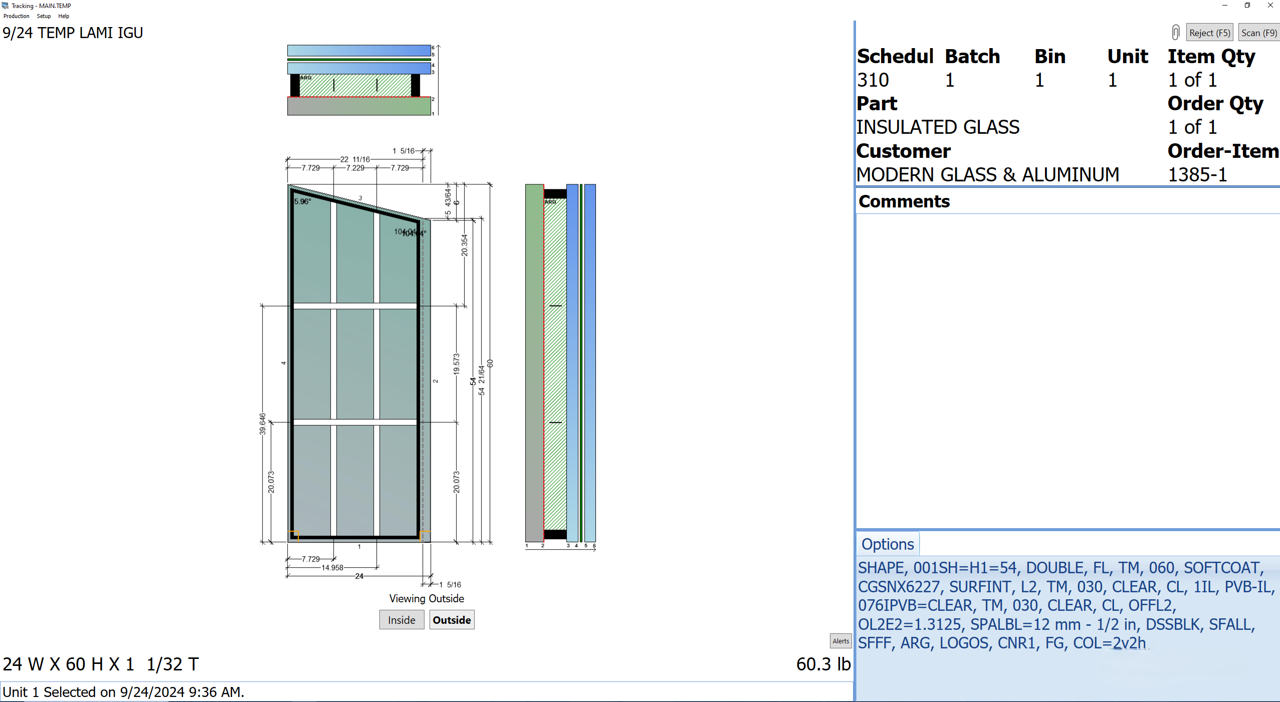 A detailed view of FeneVision’s production and delivery tracking screen, showing a technical drawing of an insulated glass unit with dimensions, materials, and order-specific details for customer delivery.