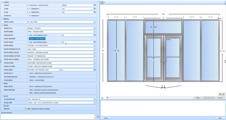 FeneVision Storefront Designer screen showing a custom storefront layout with fields to select door frame, width, height, and swing direction. A visual preview of the storefront is shown on the right with detailed dimensions.