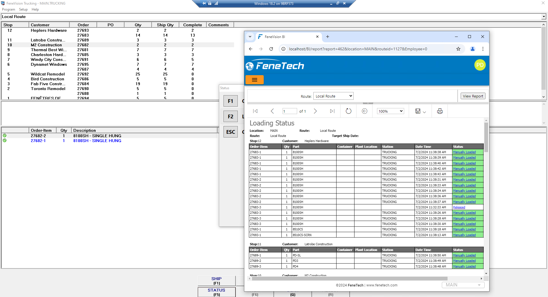 FeneVision Trucking loading status screen showing the local route and customer stops with order and item details. A separate window displays the loading status report, listing order numbers, part numbers, and loading times for each stop.