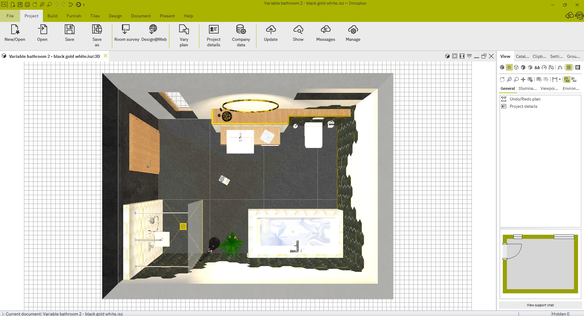 3D bathroom design interface in Innoplus showing an overhead view of a modern bathroom layout with a bathtub, vanity, and shower enclosure.