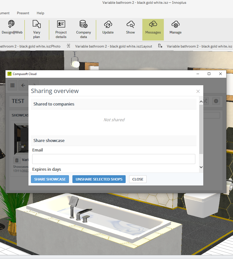 Project collaboration screen in Innoplus, featuring a bathroom design render with options for sharing the project with stakeholders via email or other means.