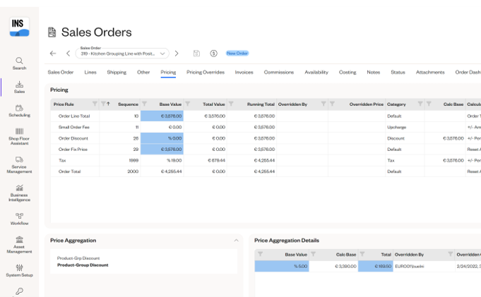 Sales order details page in Insight. Displays comprehensive information about a sales order, including identification details, shipping information, financial summary, and a map showing the billing address and project location.