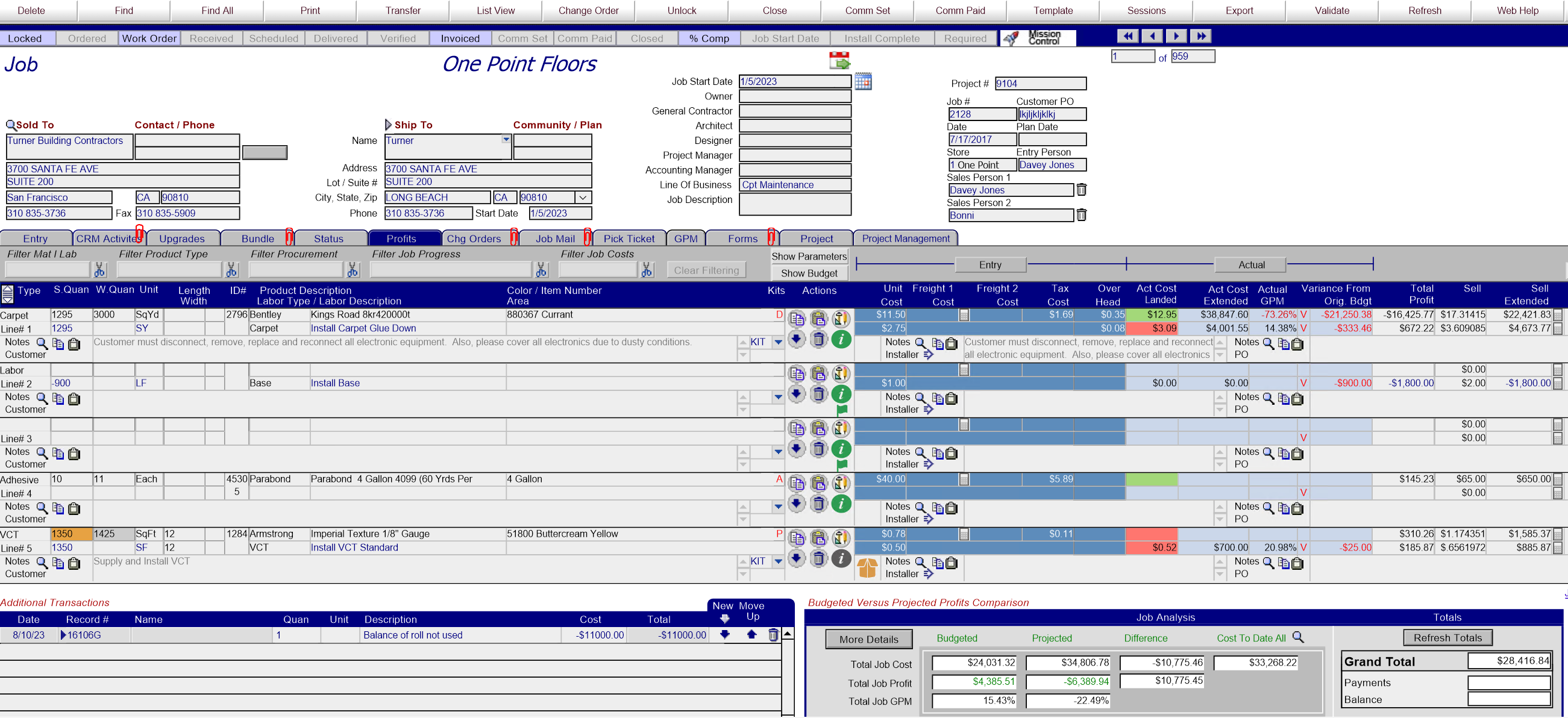 A JobRunner budget analysis screen displaying order entry line details, including item descriptions, quantities, unit costs, and projected versus actual costs.