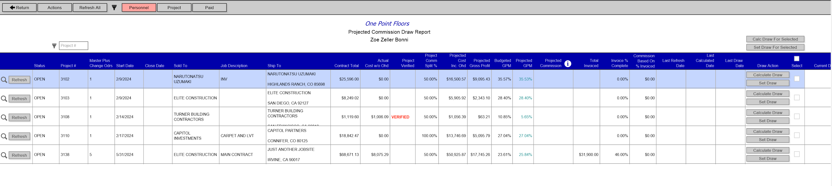 A JobRunner sales commission report showing projected commission draws by project, including contract totals, actual costs, gross profit, and invoice completion percentages.