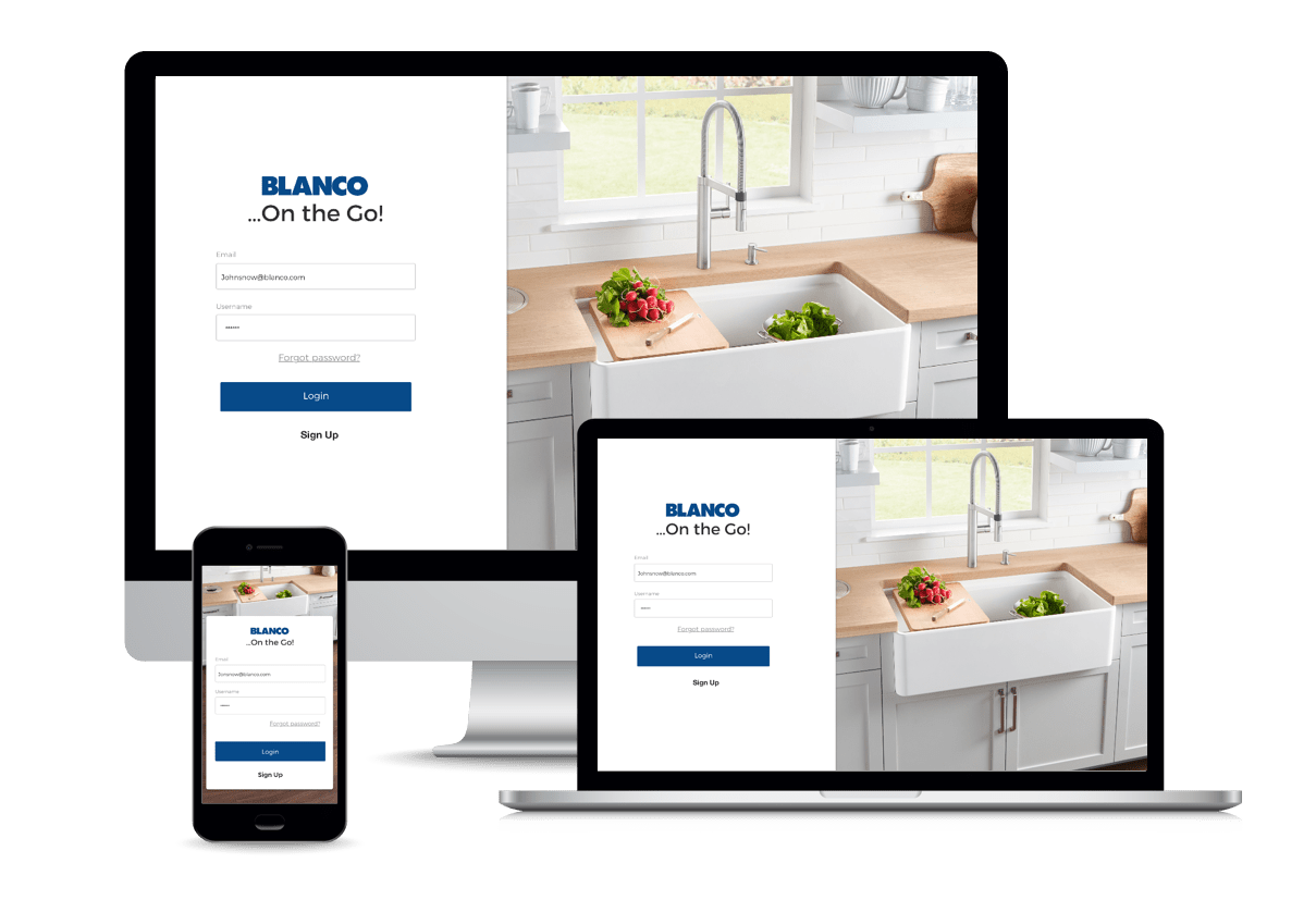 A responsive login screen for 'BLANCO On the Go!' displayed across a desktop, laptop, and mobile device. The background features a modern kitchen sink with a chrome faucet, wooden countertop, and fresh vegetables placed on a cutting board.