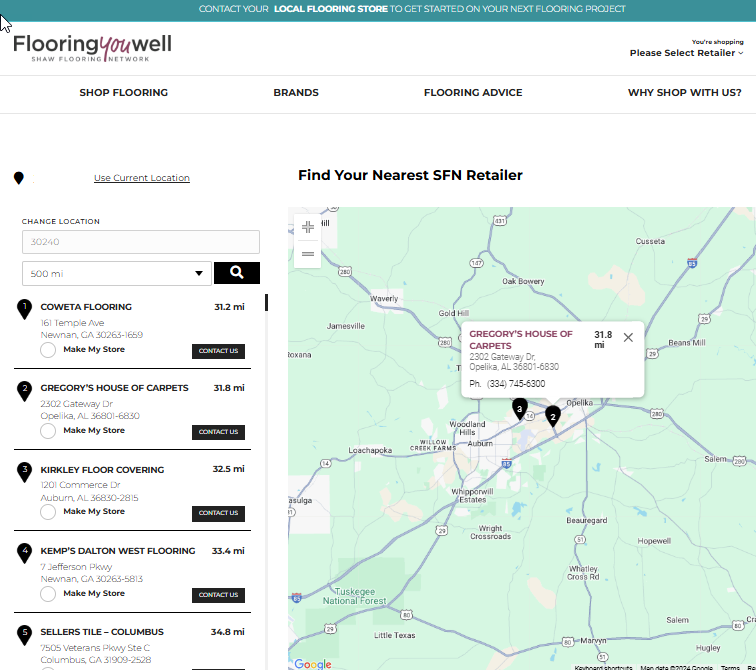 A store locator page for 'FlooringYouWell' displaying a list of nearest SFN retailers along with a map showing their locations. The list includes stores such as 'COWETA FLOORING' and 'GREGORY’S HOUSE OF CARPETS,' with options to 'Make My Store' or 'Contact Us.'